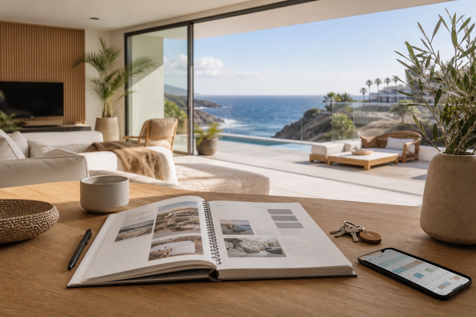 Guía de vivienda vacacional sobre una mesa en una villa moderna frente al mar en Tenerife