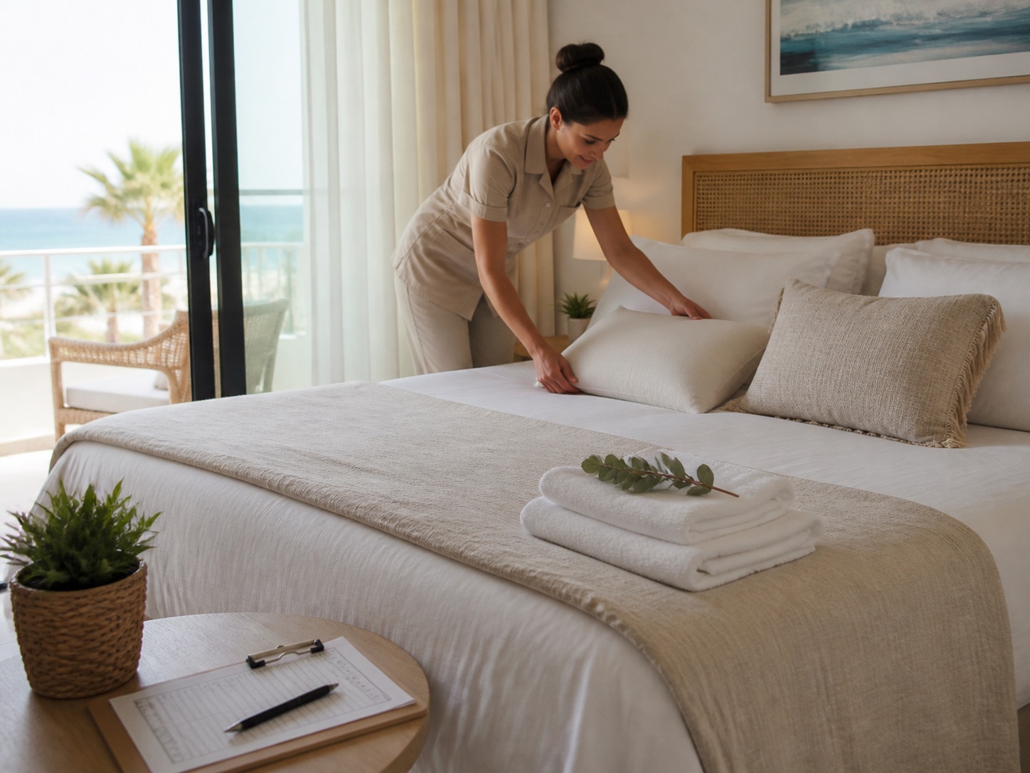 Professional preparing a bright holiday rental in Tenerife before the arrival of guests